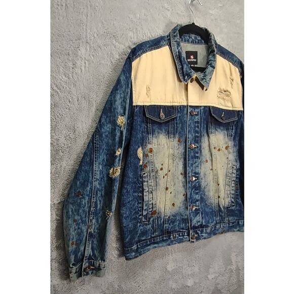 Southpole Vintage Premium Denim Paint Splatter Distressed Blue Wash Jacket - Picture 8 of 9